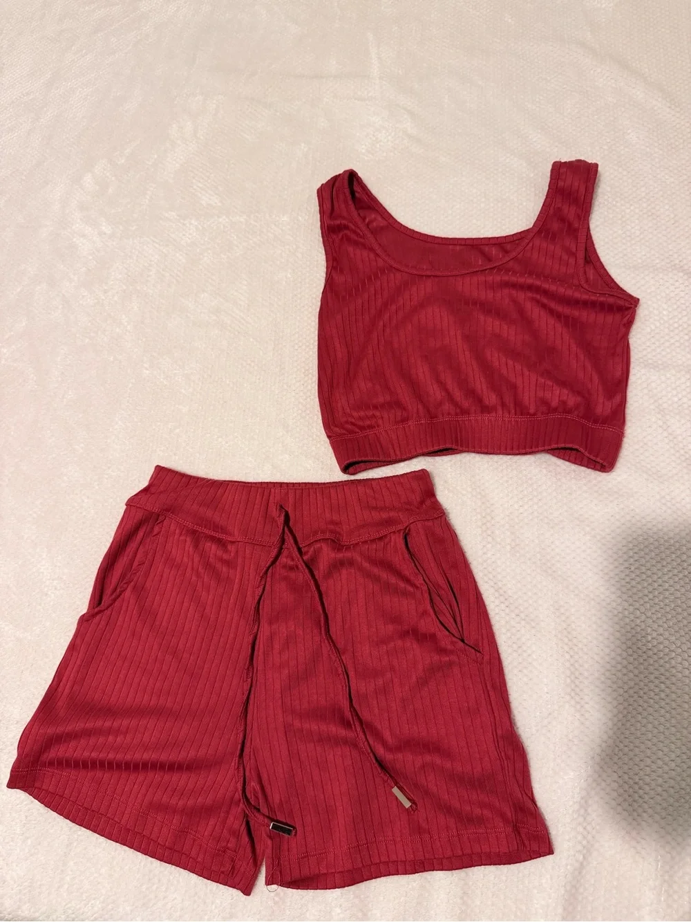 New Mix Ribbed Crop Tank and Drawstring Shorts Set in Red
